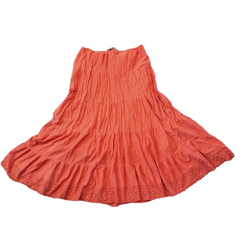 Kate Hill l Sz L Maxi‎ Skirt Tiered Pink Fall Boho Cottage Peasant Eyelet Detai
